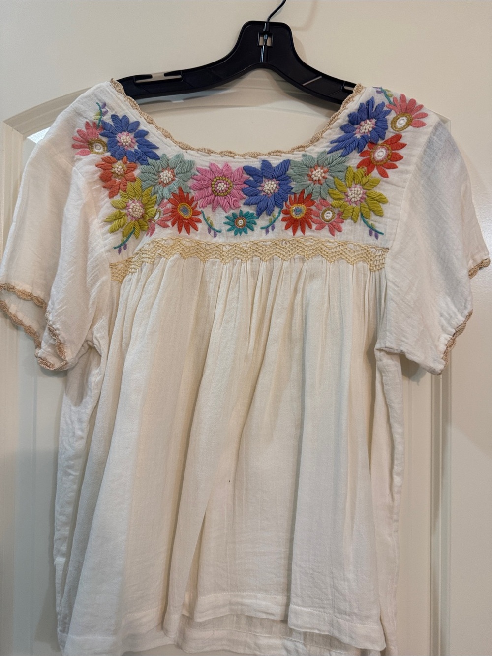THML White Boho Blouse with Multicolor Floral Embroidery